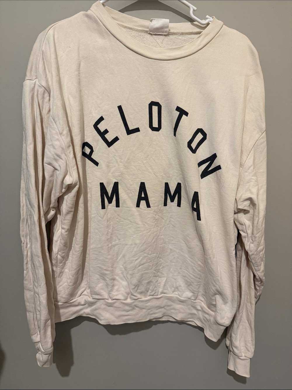 Peloton Cream Crewneck Sweatshirt with “Peloton Mama” Black Lettering